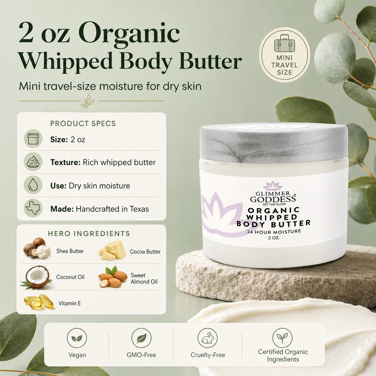 2 oz Organic Whipped Body Butter container with product details on a green background