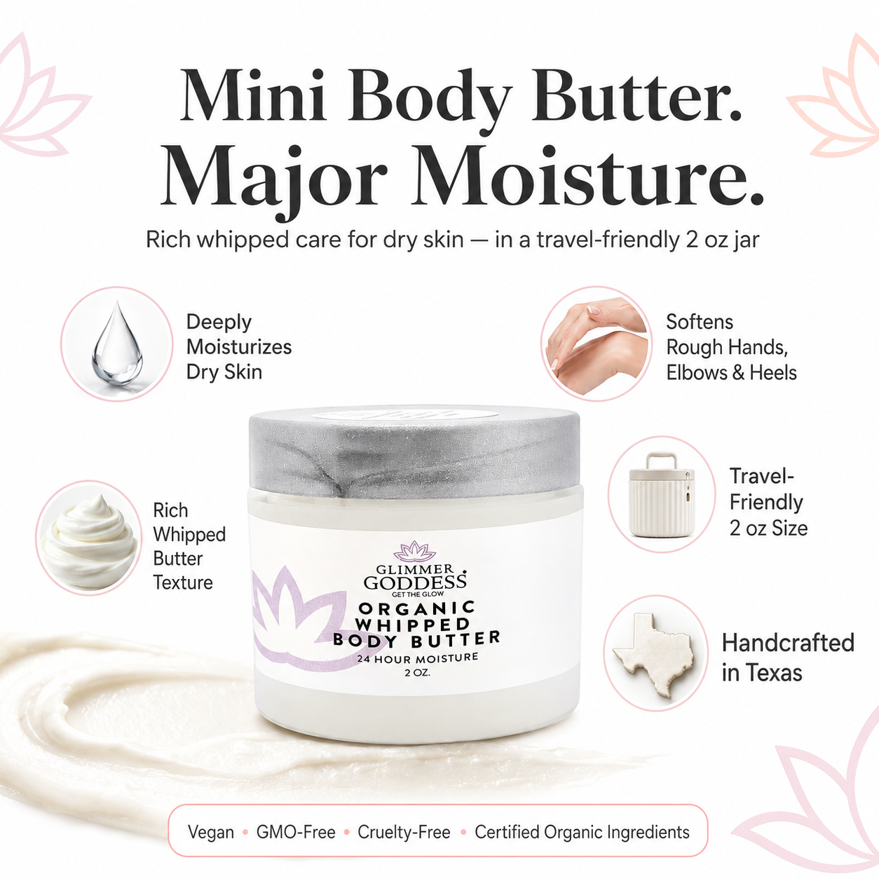 Glimmer & Goddess Organic Whipped Body Butter jar with features listed on a white background