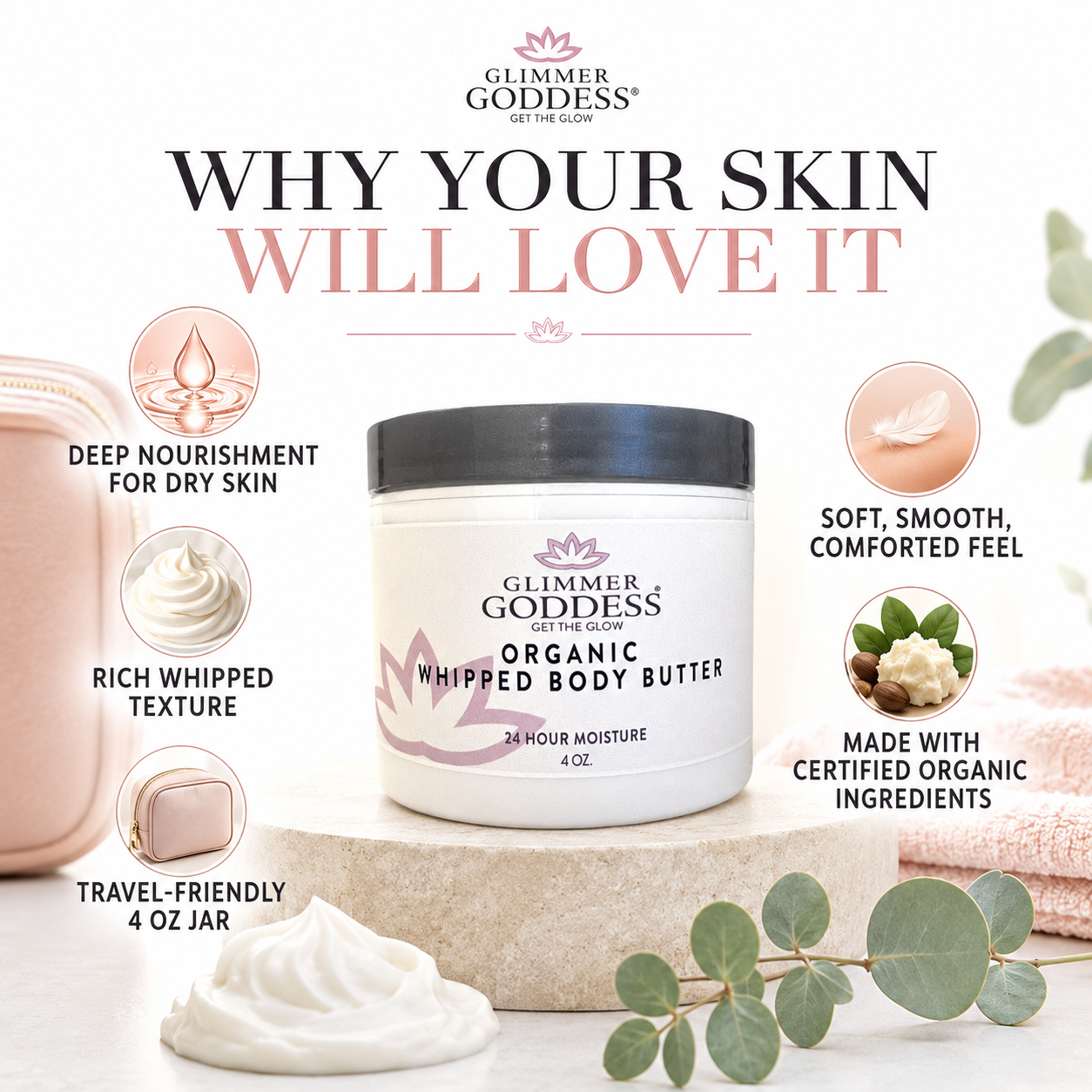 Glimmer Goddess organic whipped body butter with product features on a white background