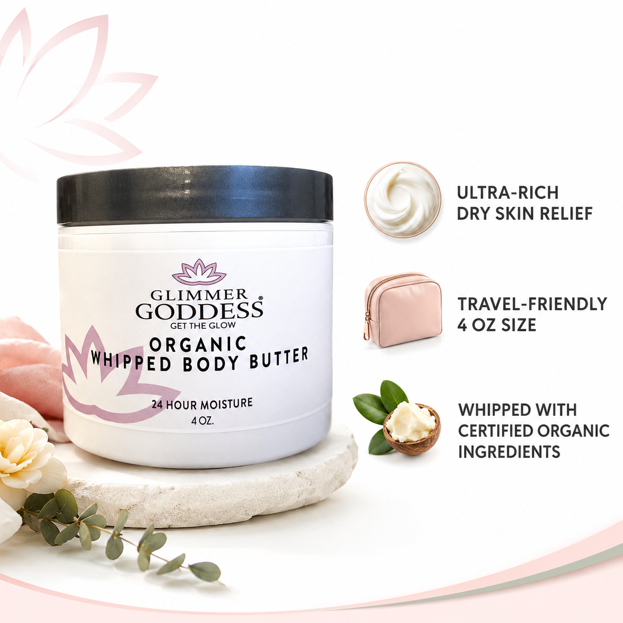 Glimmer Goddess organic whipped body butter jar with features listed on a white background
