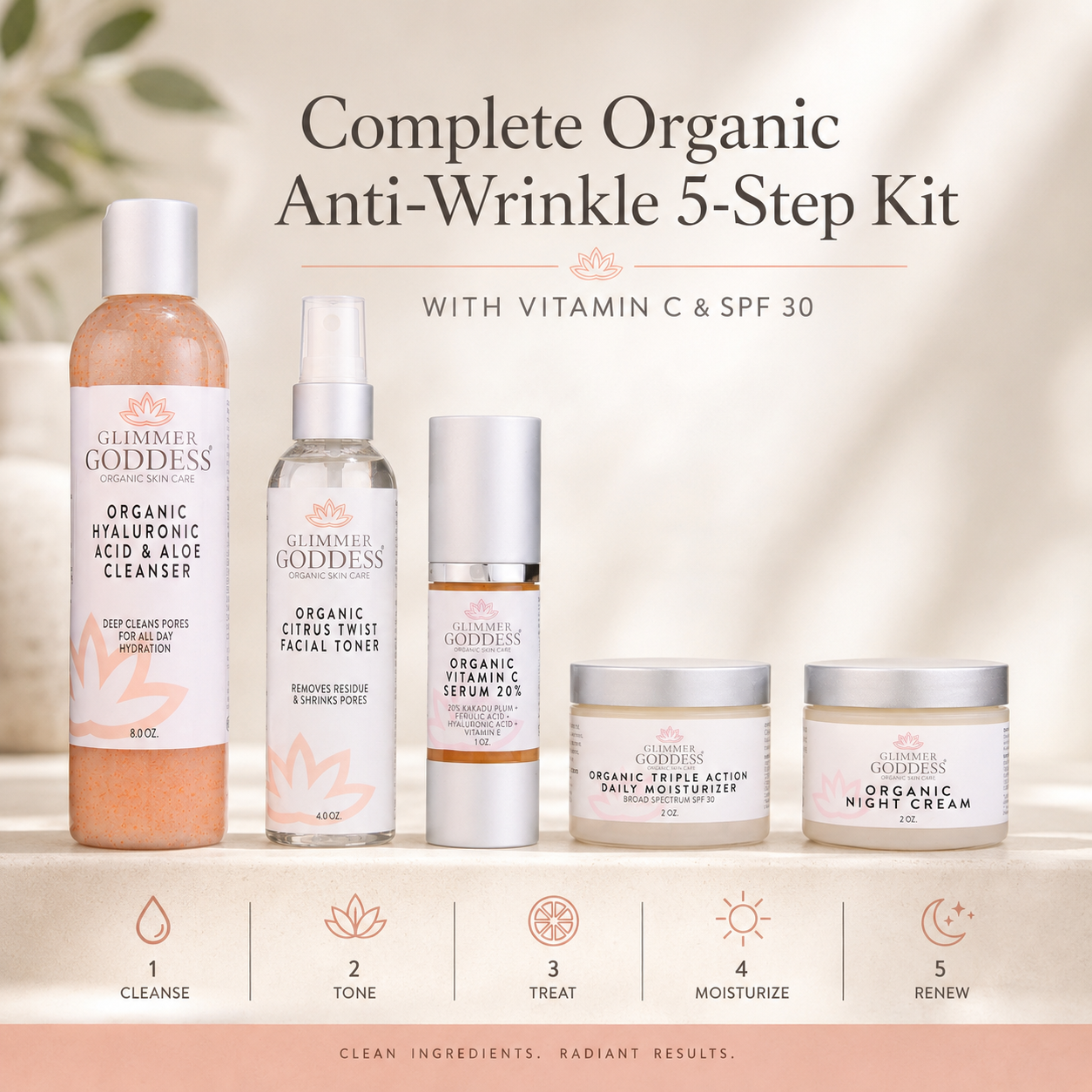 Glimmer Goddess Complete Organic Anti-Wrinkle 5-Step Kit with Vitamin C & SPF 30, featuring five skincare products (cleanser, toner, serum, facial moisturizer, and night cream) arranged on a light beige background with a five-step usage infographic at the bottom.