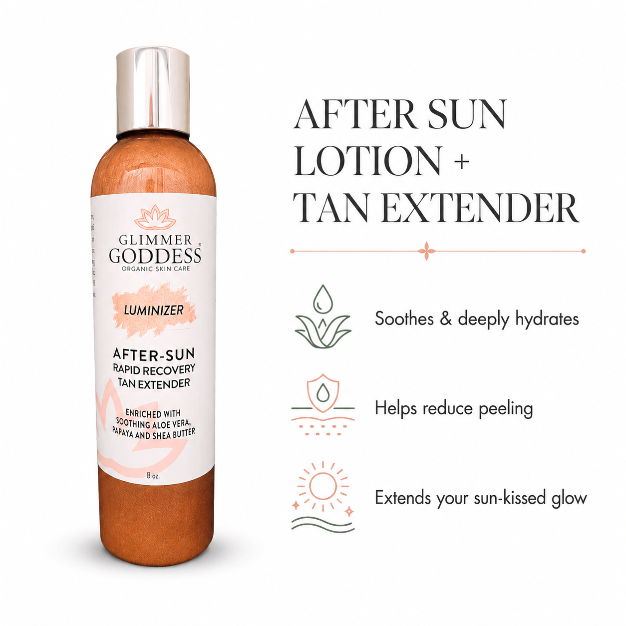 Glimmer Goddess After-Sun Rapid Recovery Tan Extender lotion bottle shown next to descriptive text on a white background.