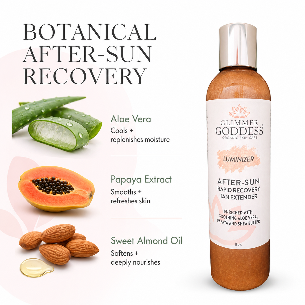 A bottle of Glimmer Goddess Botanical After-Sun Recovery Luminizer tan extender shown on a clean white background with ingredient callouts and botanical imagery including aloe vera, papaya, and almonds.