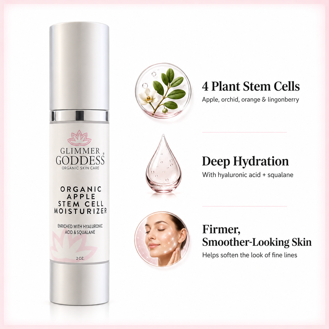 Glimmer Goddess organic skincare product with text on deep hydration and plant stem cells.
