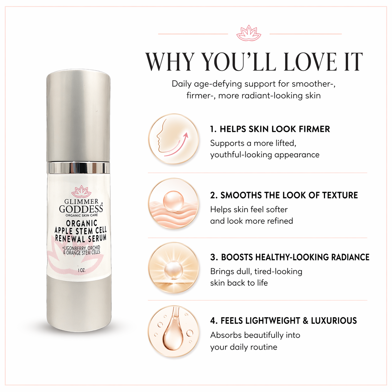 Organic Apple Stem Cell Anti-Aging Serum from Glimmer Goddess® Organic Skin Care, showing the serum bottle and fresh apples.