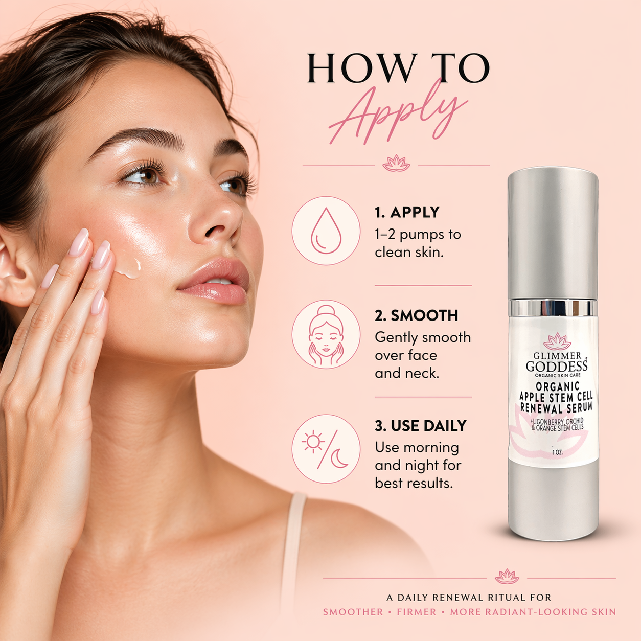 Organic apple stem cell serum in a glass bottle with dropper, used for anti-aging skincare by Glimmer Goddess Organic Skin Care.