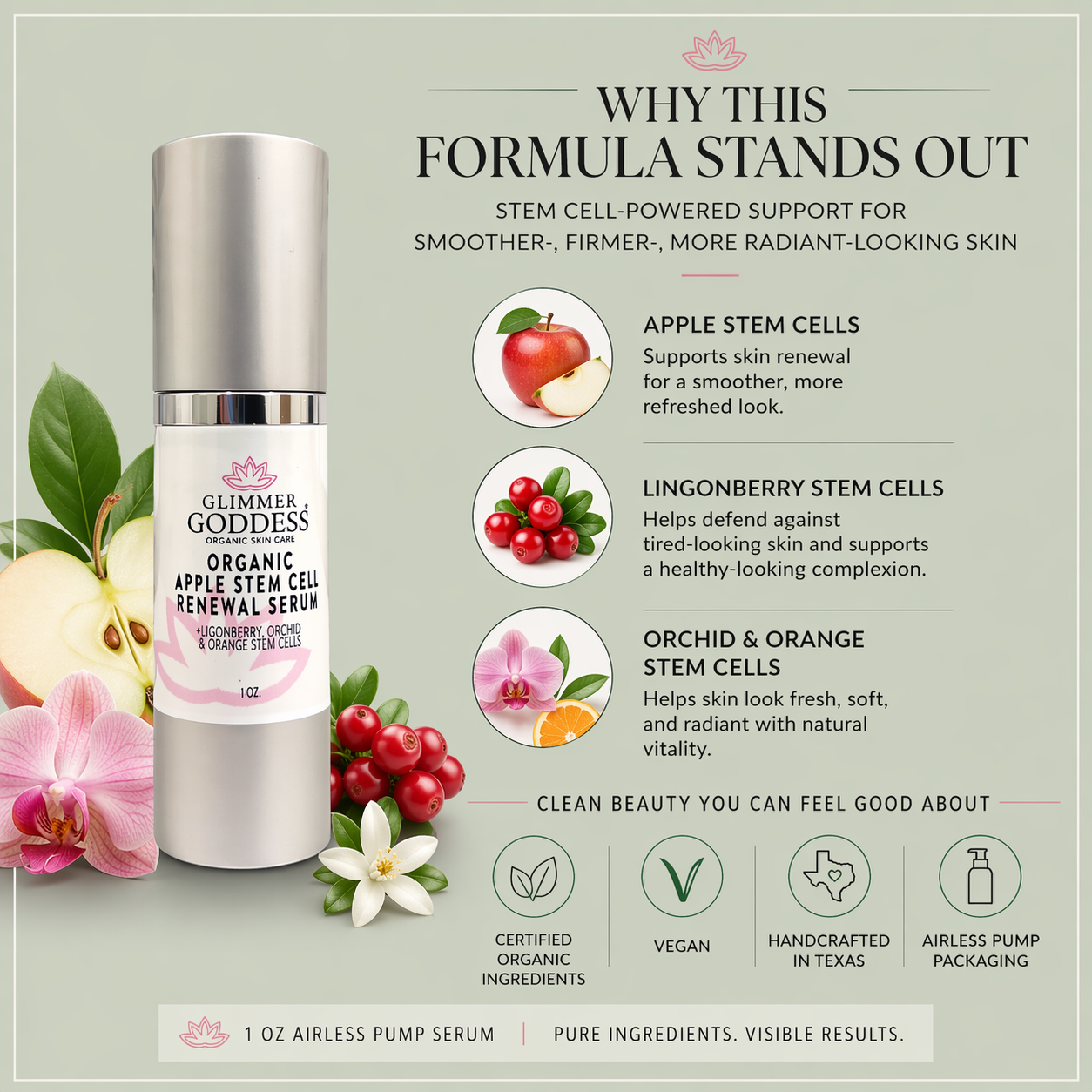 Organic Apple Stem Cell Anti-Aging Serum from Glimmer Goddess® Organic Skin Care, featuring a dropper and fresh apple extract ingredients.