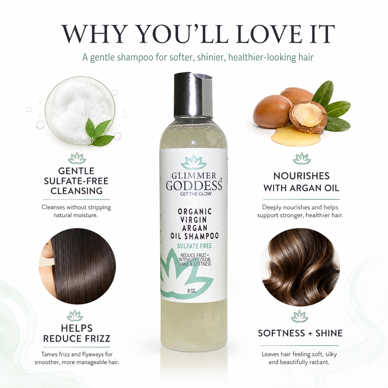 Glimmer Goddess Organic Virgin Argan Shampoo bottle centered on a white background, surrounded by marketing text and ingredient/benefit callouts including macadamia nuts, green leaves, and hair close-ups.