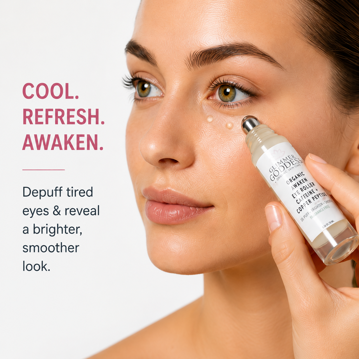 A woman applies a clear gel roll-on eye product from Shams El-Ghedy to her under-eye area. The image includes text that reads 'COOL.
