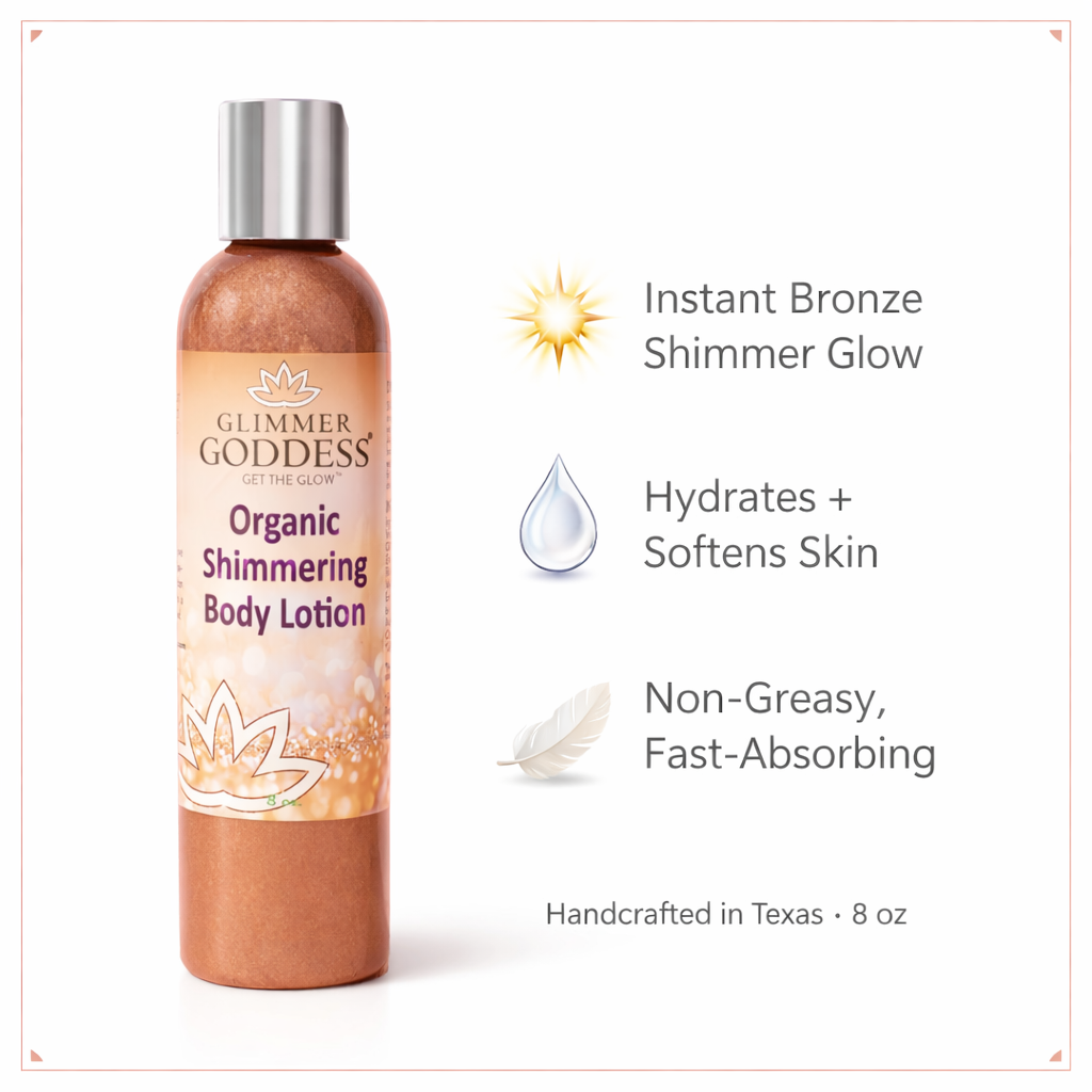 Glimmer Goddess Organic Bronze Shimmer Body Lotion 8 oz bottle on a pure white background with three benefits: instant bronze shimmer glow, hydrates and softens skin, non-greasy fast-absorbing formula.