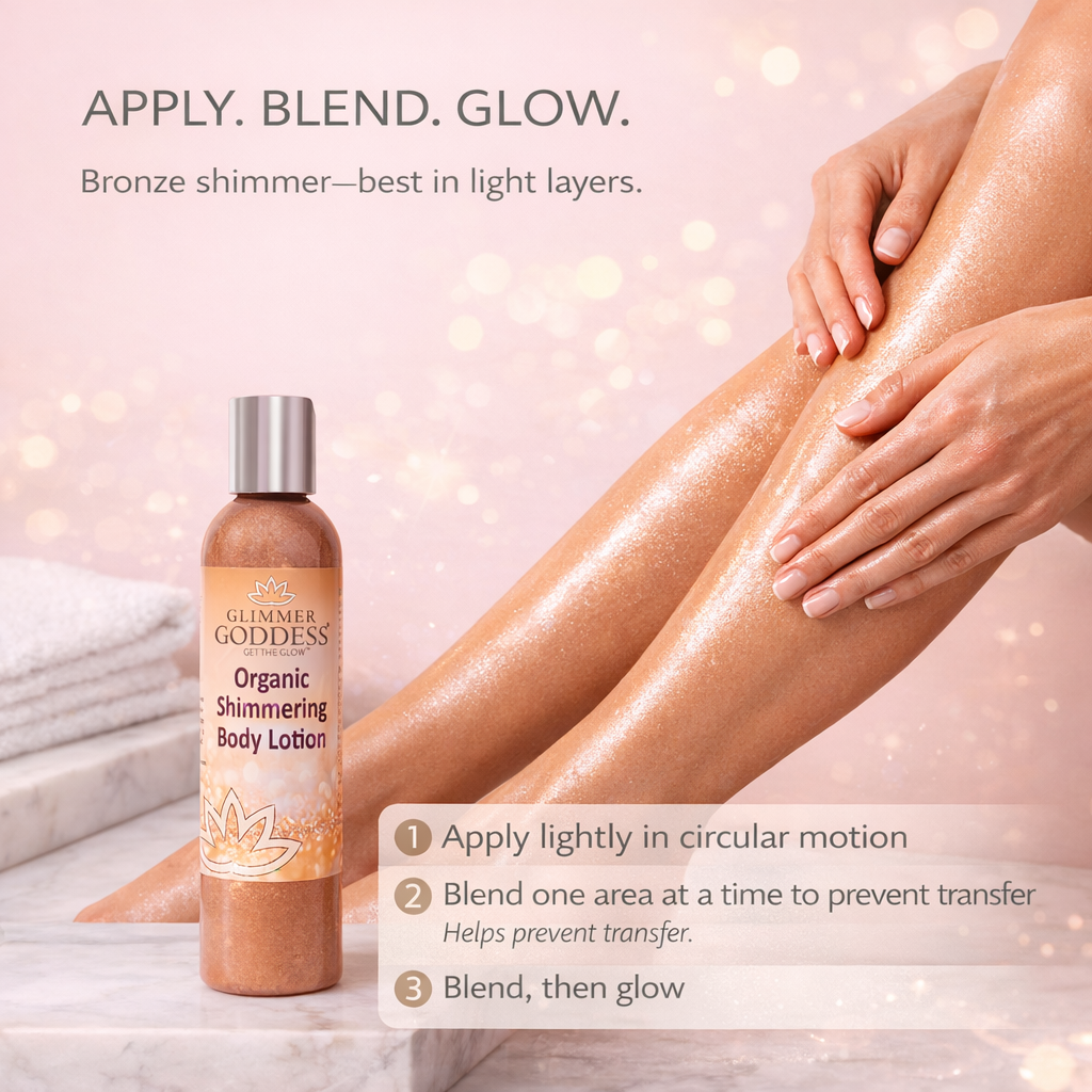 Organic bronze shimmer body lotion by Glimmer Goddess® with a luminous glow and buildable shimmer for radiant skin.