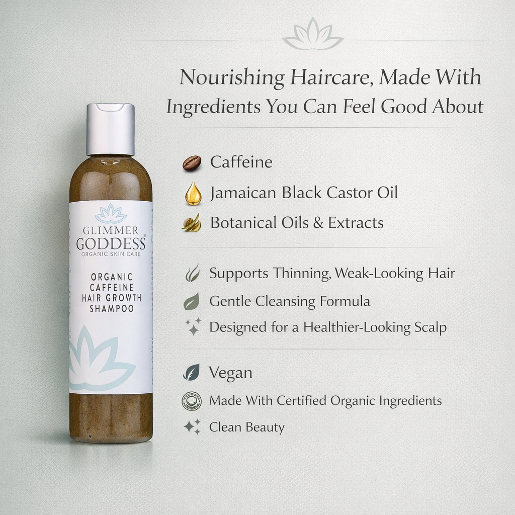 Organic caffeine shampoo by Glimmer Goddess® features natural ingredients for stimulating hair growth and healthy scalp care.
