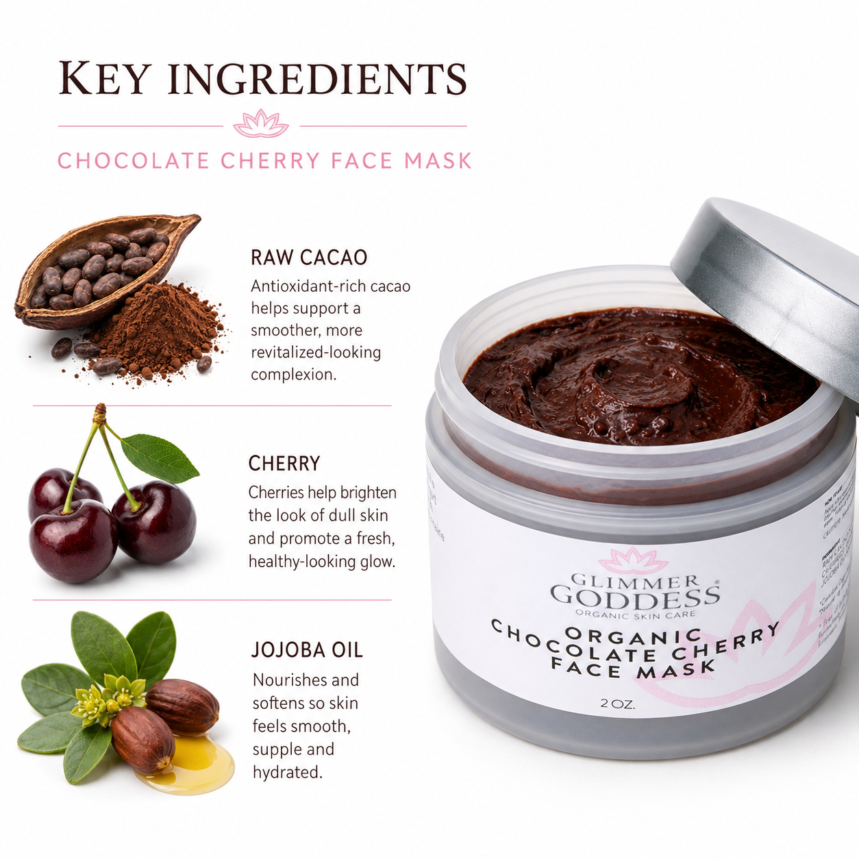 Mascarilla facial antienvejecimiento de chocolate y cereza orgánica