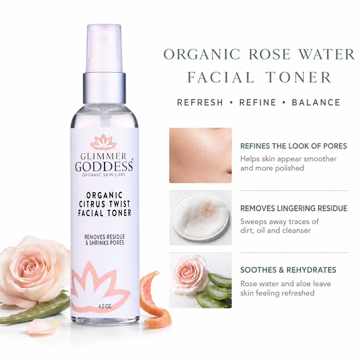Glimmer Goddess Organic Citrus Twist Facial Toner bottle shown on a white background with decorative rose imagery and text describing skin benefits.