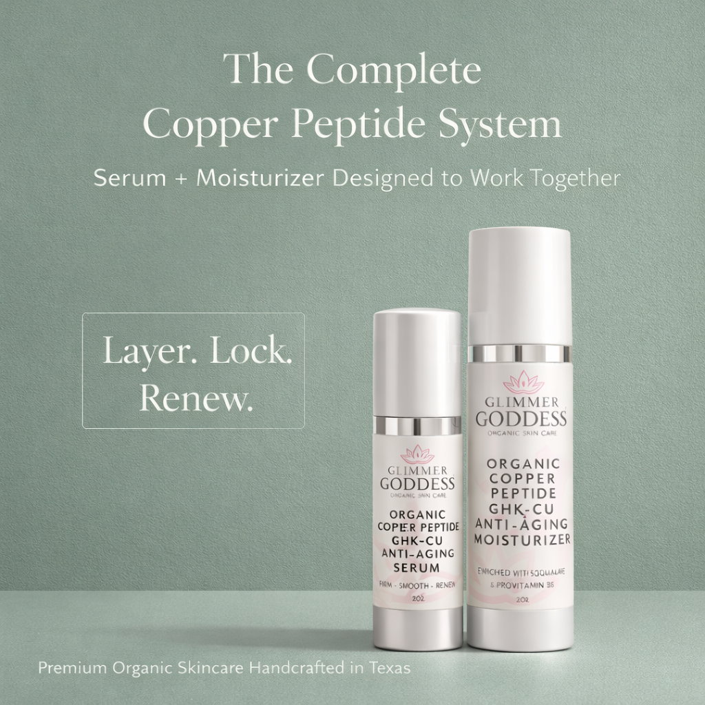 Copper Peptide GHK-Cu Serum and Moisturizer system on eucalyptus green background highlighting complete firming, wrinkle-supporting skincare routine by Glimmer Goddess.