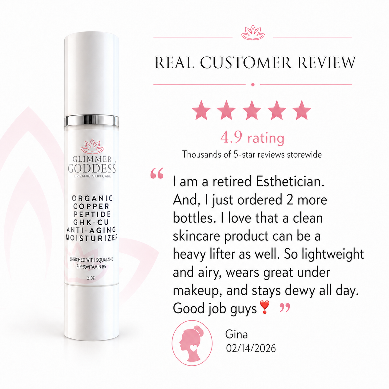 Organic copper peptide moisturizer by Glimmer Goddess® Skin Care, showing the smooth, firming cream in a sleek jar.