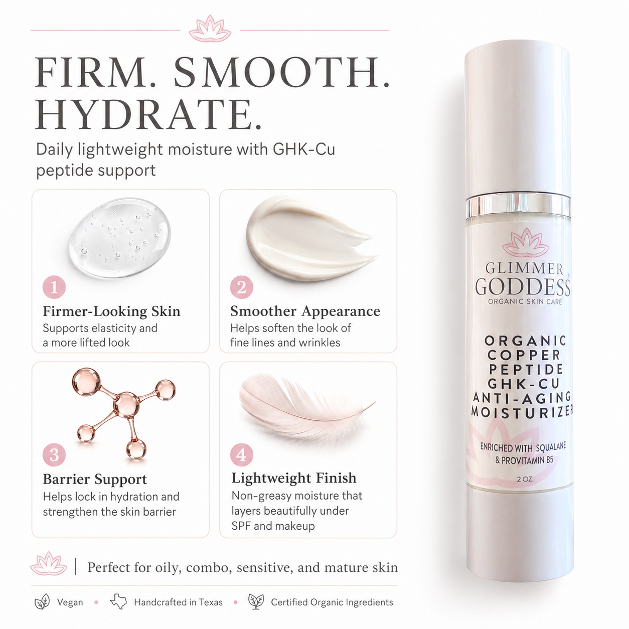 Glimmer Goddess organic skincare product with benefits listed on a white background