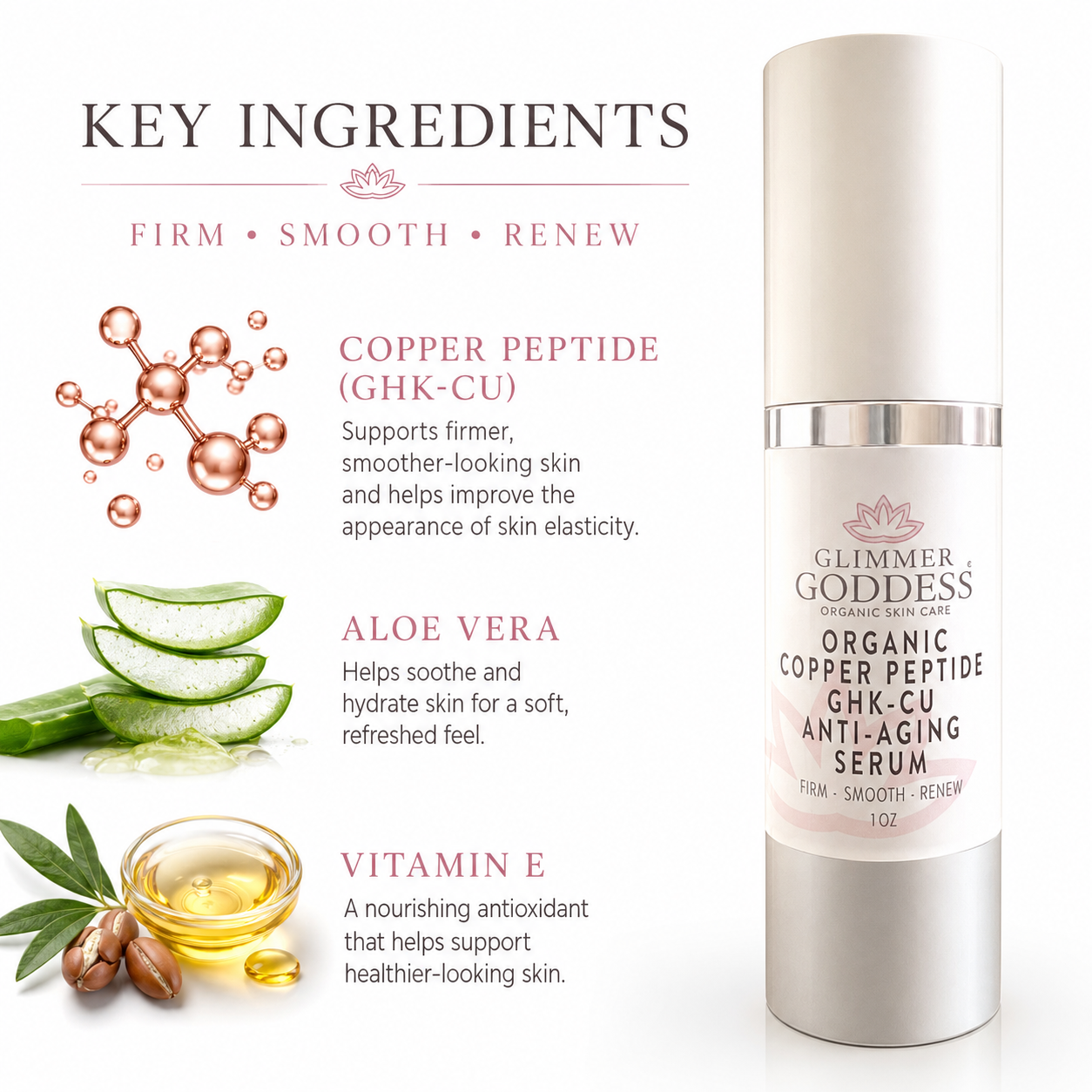 Glimmer Goddess Organic Copper Peptide GHK-CU Anti-Aging Serum bottle shown next to a 'Key Ingredients' infographic detailing its copper peptide, aloe vera, and vitamin E components.