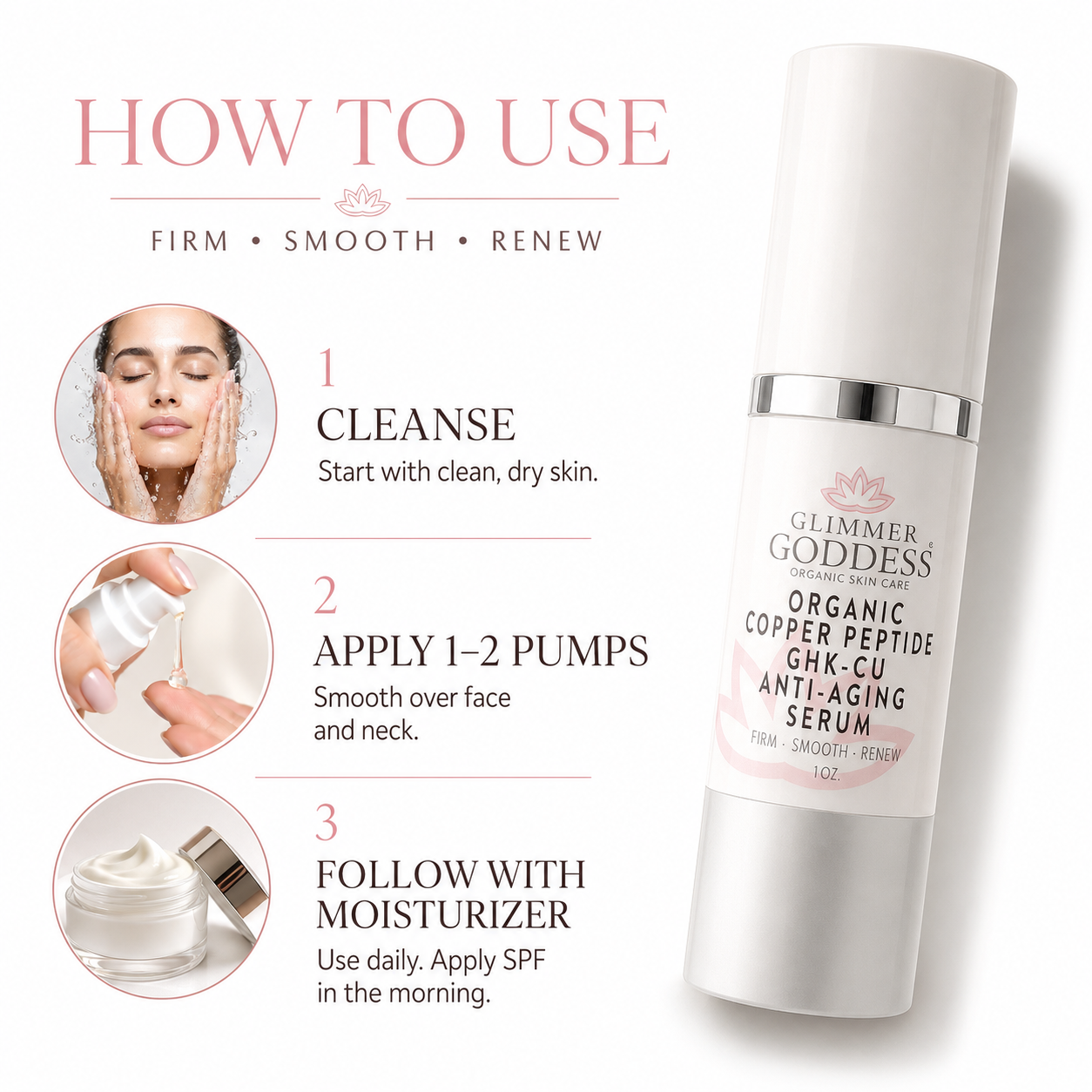 Glimmer Goddess Organic Copper Peptide GHR-CU Anti-Aging Serum bottle shown next to a 'How to Use' guide with three illustrated steps: cleanse, apply 1-2 pumps, and follow with moisturizer.