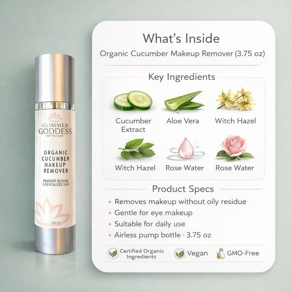 Ingredient and product specs infographic for Glimmer Goddess Organic Cucumber Makeup Remover 3.75 oz on a eucalyptus green background, showing key ingredients and trust symbols, with notes on gentle makeup removal and no oily residue.