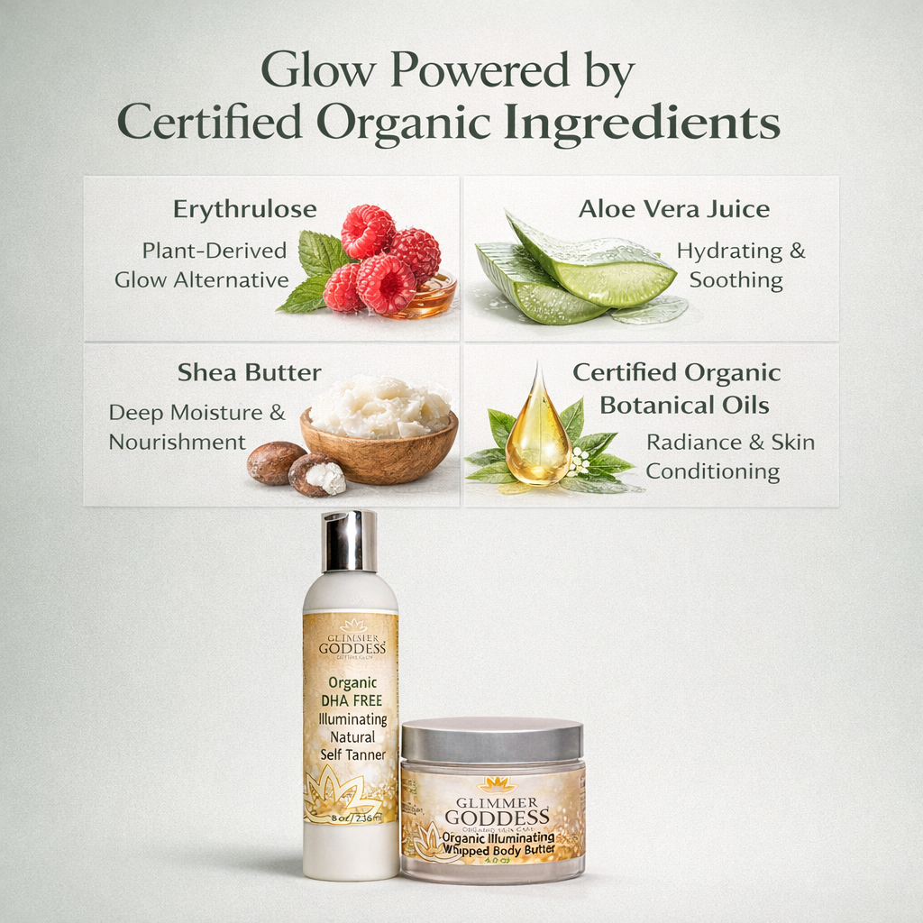 Ingredient infographic featuring Glimmer Goddess DHA-Free Self Tan Lotion and Shimmering Whipped Bronze Body Butter highlighting erythrulose, aloe vera, shea butter, and Certified Organic botanical oils.