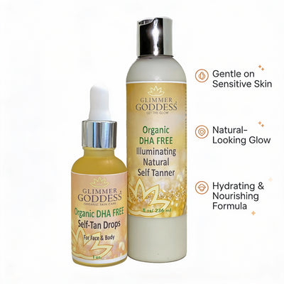 Glimmer Goddess Organic Self Tanner bundle with lotion and drops for a natural glow without orange tones or strong smell.