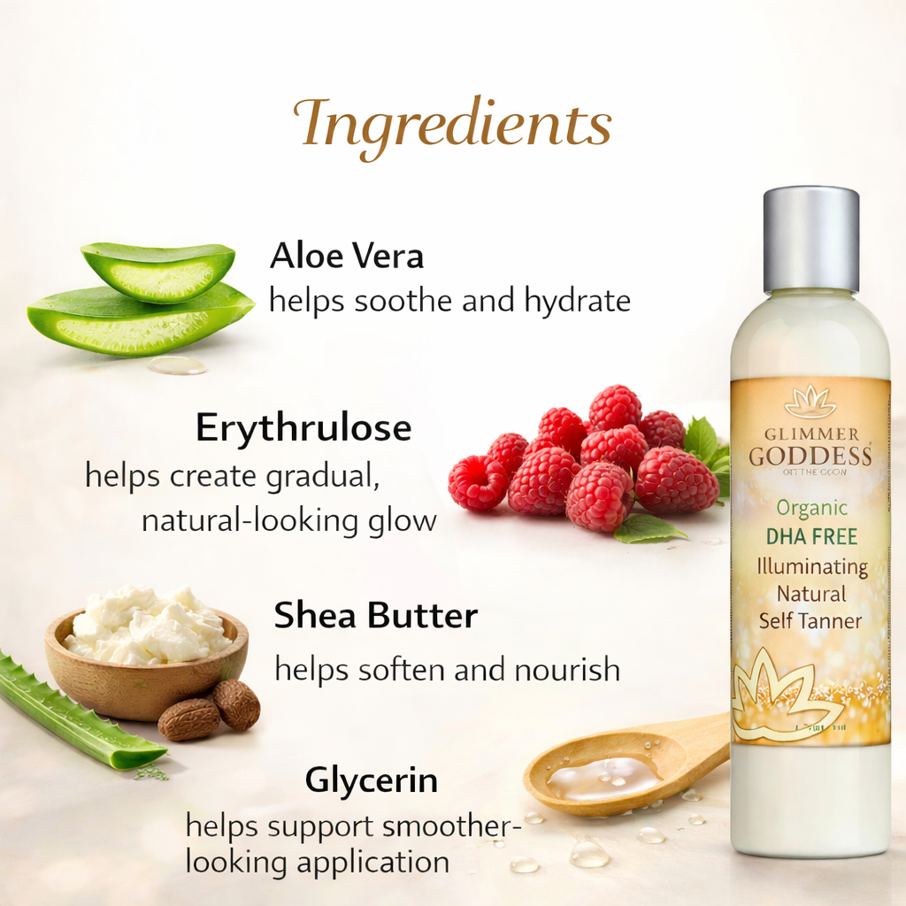 Glimmer Goddess Organic Skin Care DHA-Free Self Tanner for sensitive skin, showing ingredients on a white background.