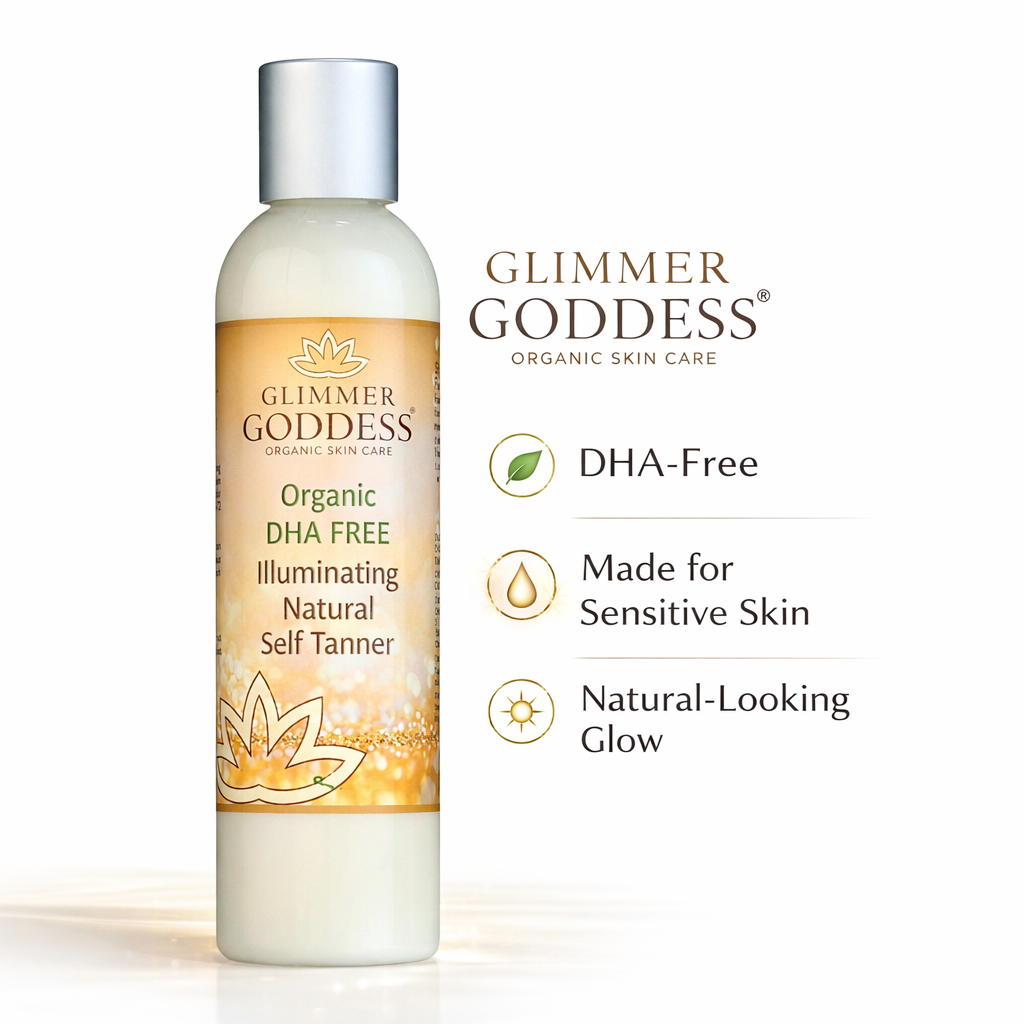 Glimmer Goddess® Organic Self Tanner lotion for sensitive skin, DHA-free with natural tanning ingredients and smooth application.