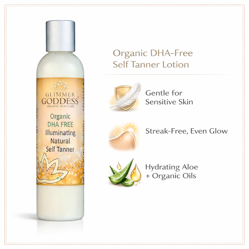 Glimmer Goddess Organic DHA-Free Self Tanner Lotion bottle with product features on a white background