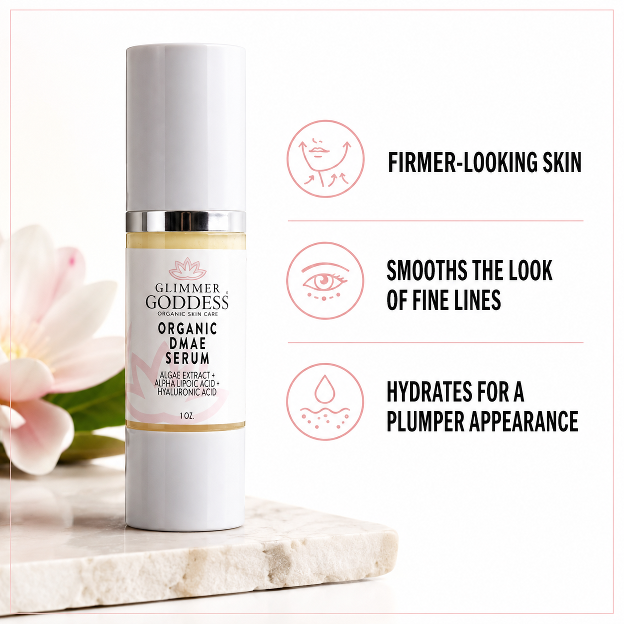 Glimmer Goddess Organic DMAE Firming Serum bottle with three benefits for firmer-looking, smoother and more hydrated skin.