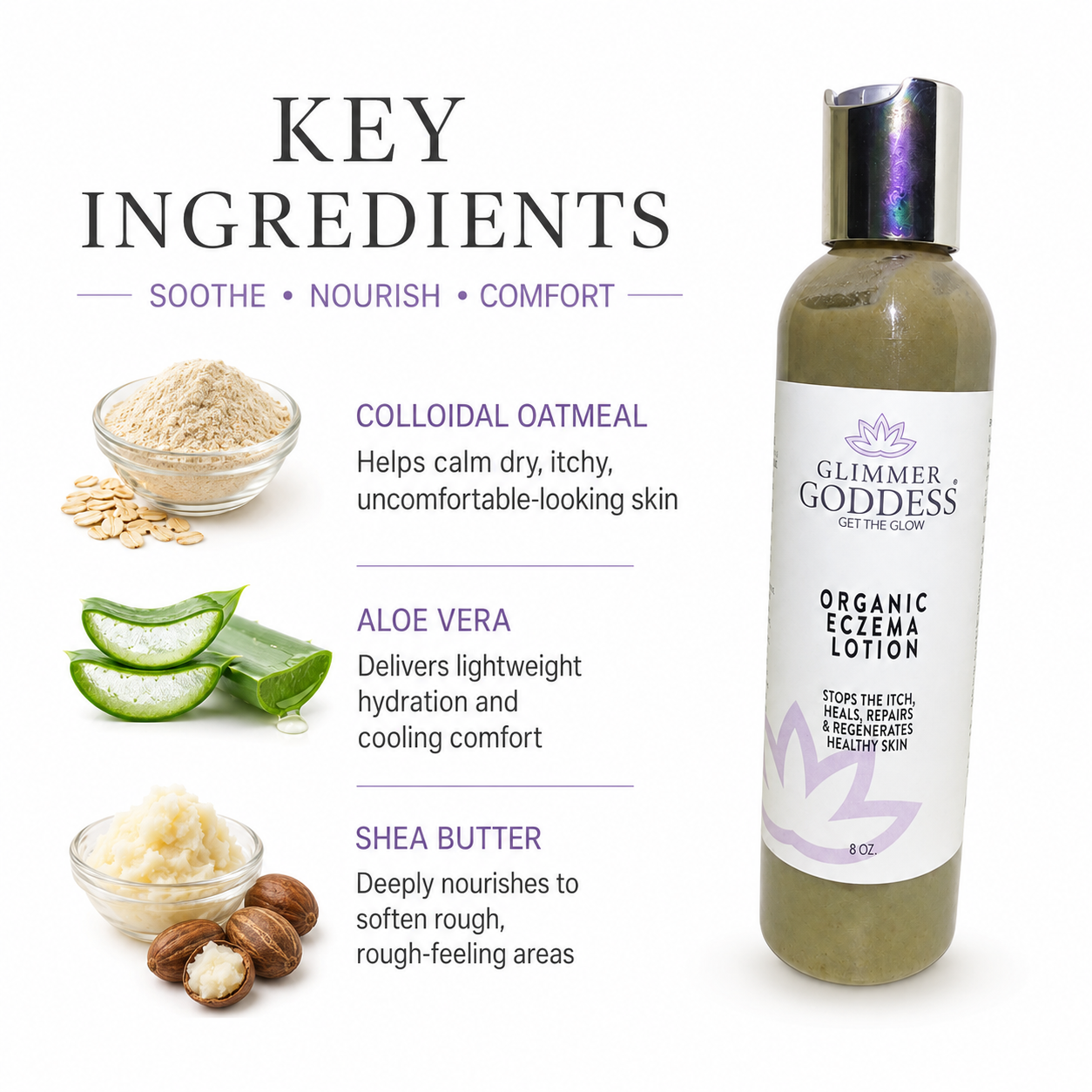 Glimmer Goddess Organic Eczema Lotion with colloidal oatmeal, aloe vera and shea butter for soothing hydration and comfort
