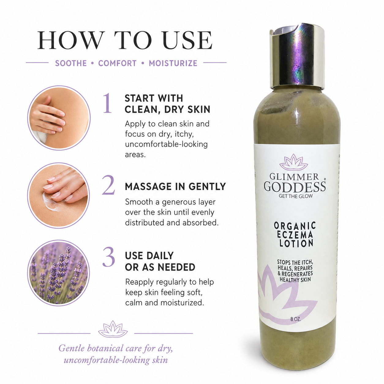 Glider of Goddess Organic Eczema Lotion bottle shown next to a 'How to Use' infographic on a white background.