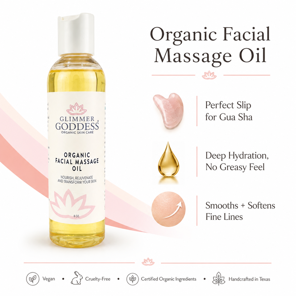 Glimmer Goddess Organic Facial Massage Oil for anti-aging, moisturizing skin, with natural ingredients in a glass bottle.