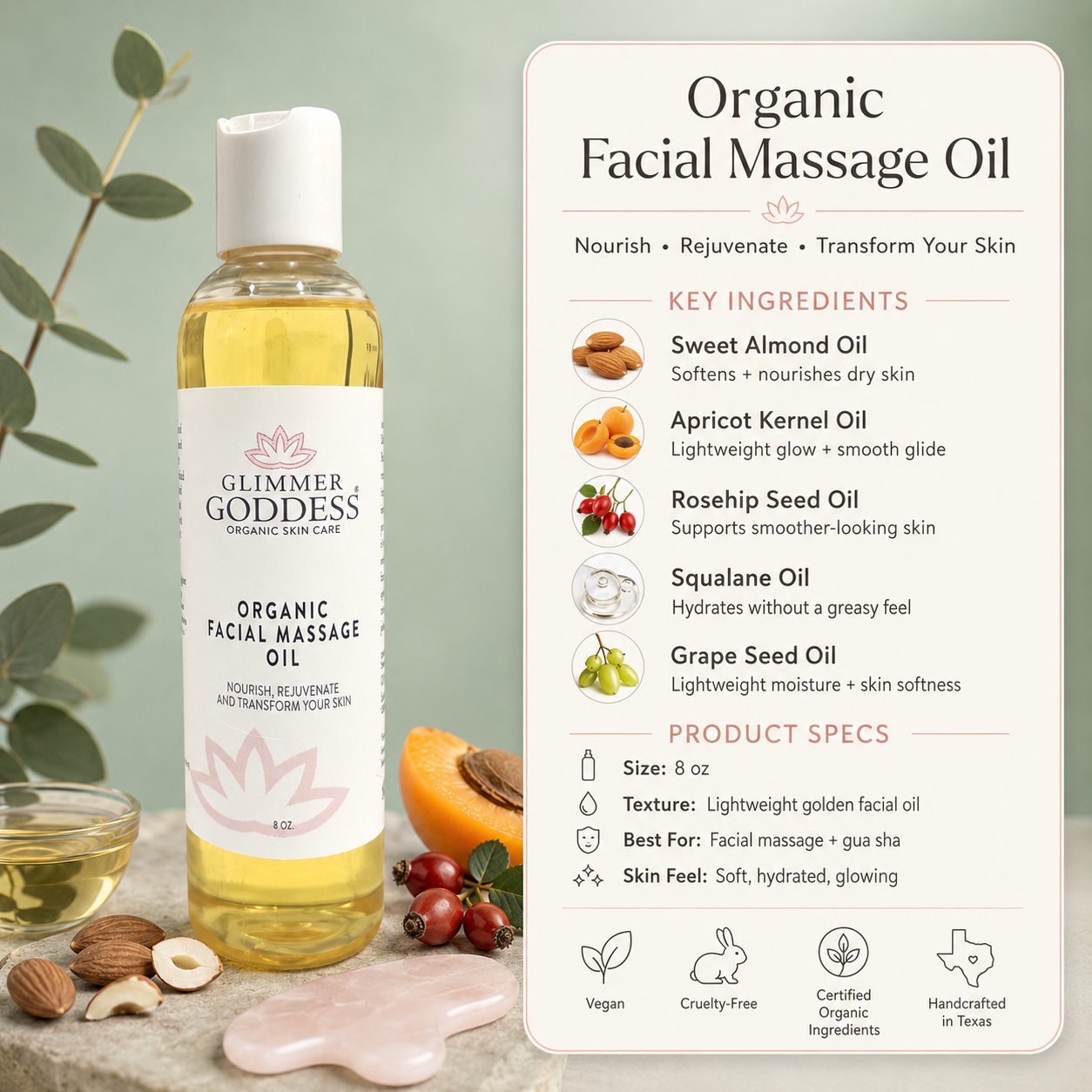 Organic facial massage oil by Glimmer Goddess® for anti-aging, featuring a natural blend of moisturizers for glowing skin.