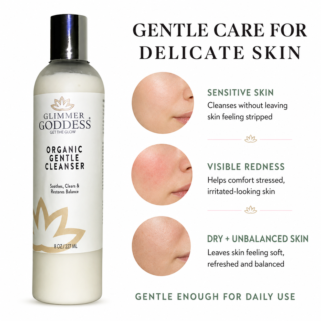 Glimmer Goddess Organic Gentle Cleanser bottle shown next to text and skin close-ups explaining gentle care for delicate skin.