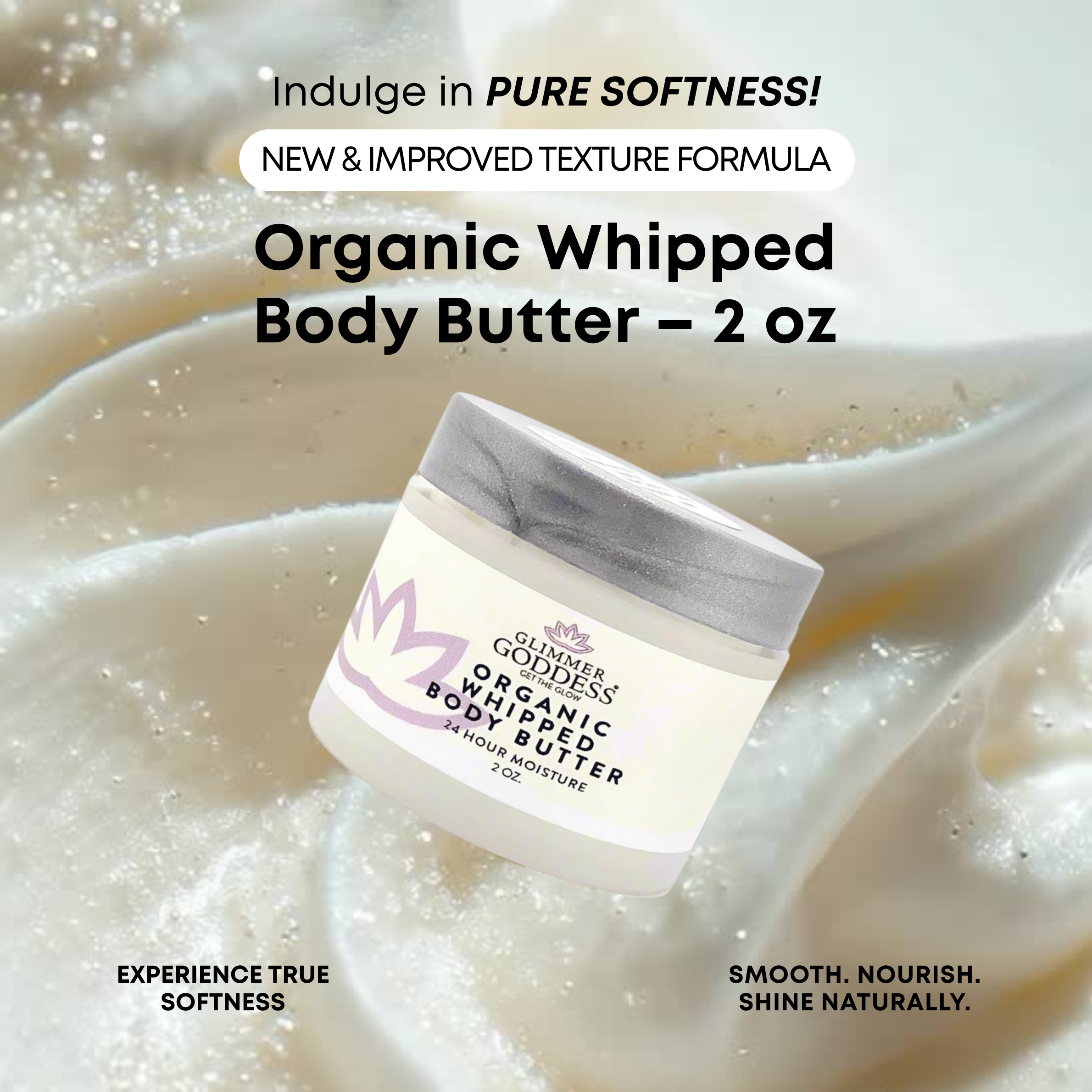 Mini travel-size whipped body butter with organic shea for dry, sensitive skin on the go - Glimmer Goddess® Organic Skin Care
