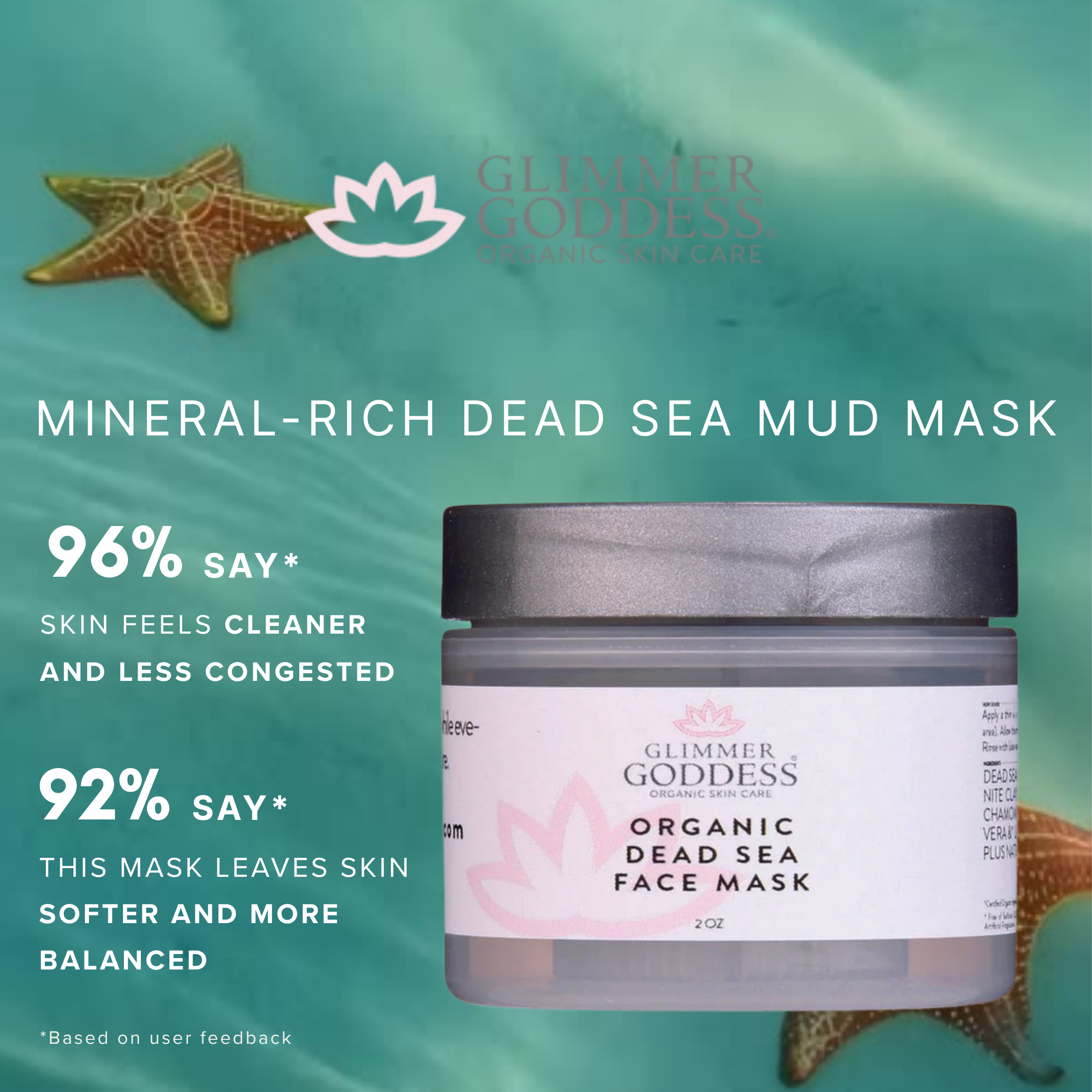 Organic Dead Sea Mud Mask with bentonite clay for deep exfoliation and skin rejuvenation - Glimmer Goddess® Organic Skin Care
