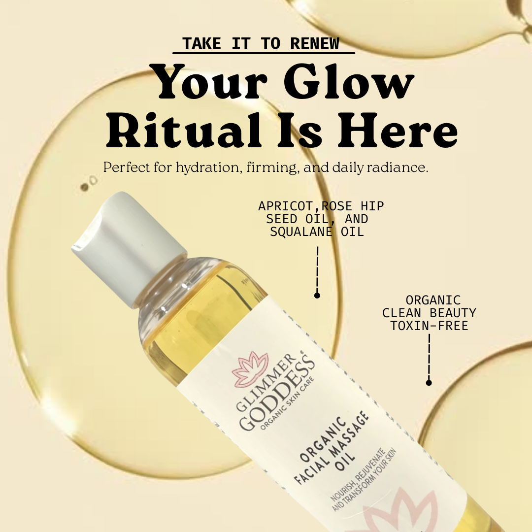 Organic Facial Massage Oil with sweet almond, rosehip and squalane for anti-aging - Glimmer Goddess® Organic Skin Care
