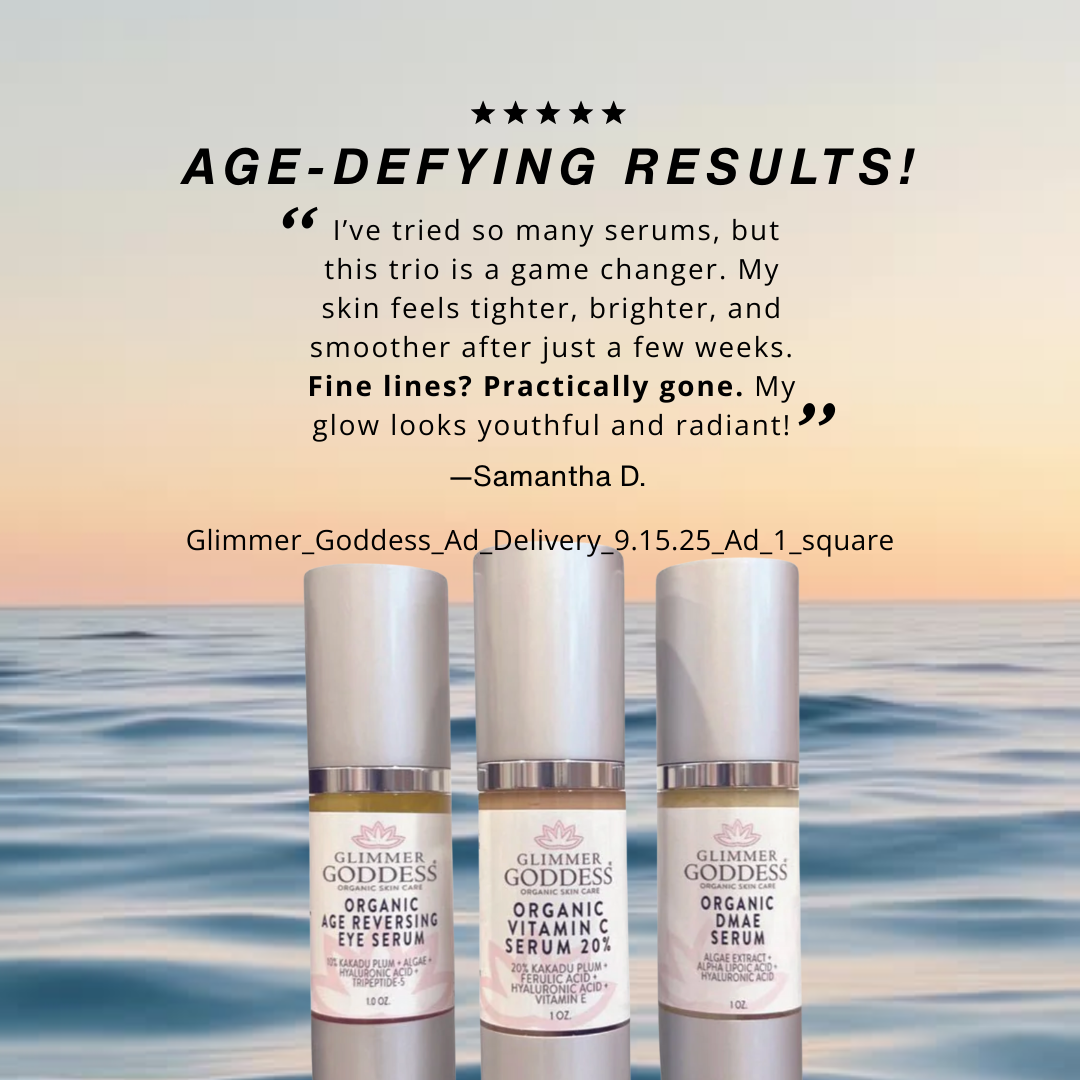 Anti-Aging Trio benefits: brightens, firms, reduces wrinkles with vitamin C, DMAE and peptides - Glimmer Goddess® Organic Skin Care
