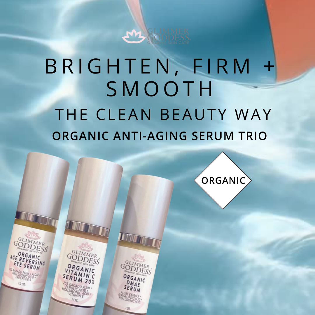 Organic Anti-Aging Trio - Vitamin C Serum, DMAE Firming Serum and Age Reversing Eye Serum bundle - Glimmer Goddess® Organic Skin Care
