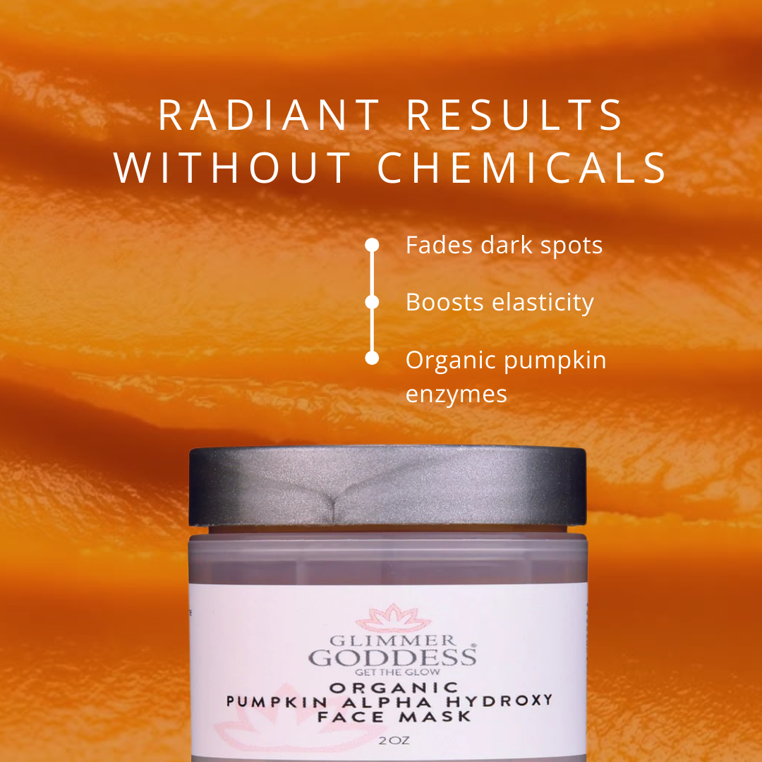 Pumpkin Alpha Hydroxy Acid Mask benefits: exfoliates, reduces wrinkles, reveals glowing skin - Glimmer Goddess® Organic Skin Care
