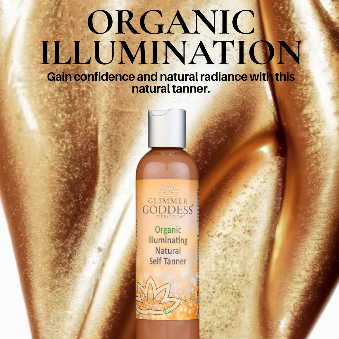 Self Tanning Lotion benefits: natural bronze glow, streak-free application, develops in 3-5 hours - Glimmer Goddess® Organic Skin Care

