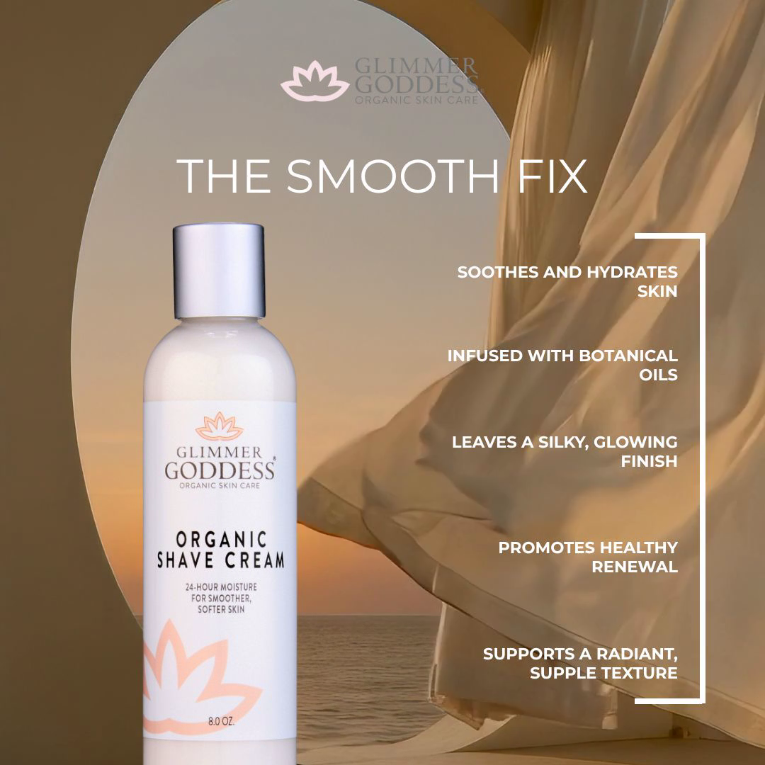 Hydrating Shave Cream benefits: prevents razor burn, soothes sensitive skin, moisturizes - Glimmer Goddess® Organic Skin Care

