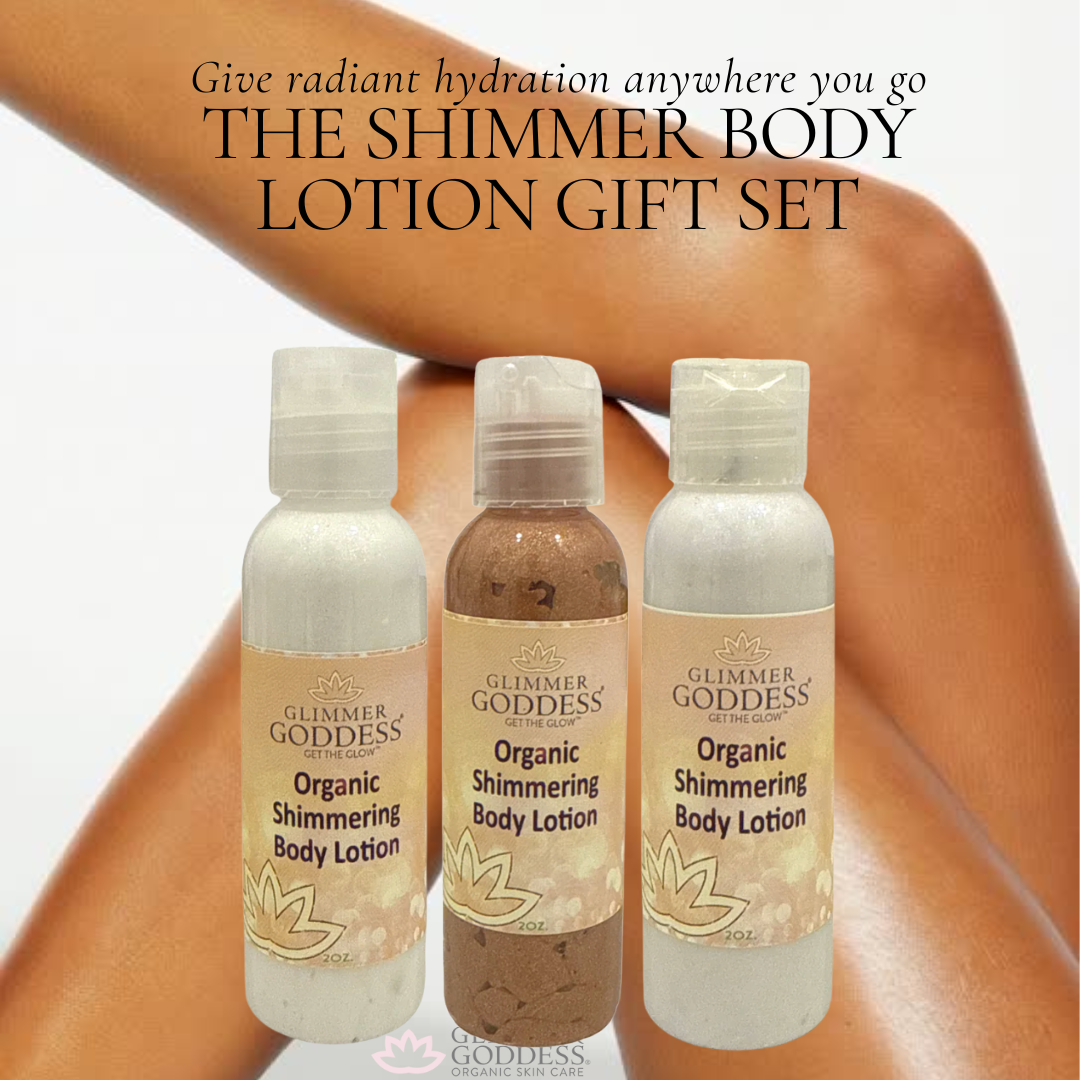 Organic Shimmer Body Lotion Travel Size Gift Set with multiple shimmer shades - Glimmer Goddess® Organic Skin Care
