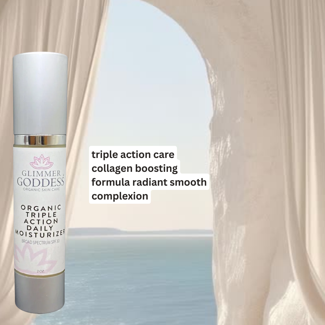 Triple Action Daily Face Cream benefits: hydrates, firms, protects with reef-safe SPF 30 - Glimmer Goddess® Organic Skin Care
