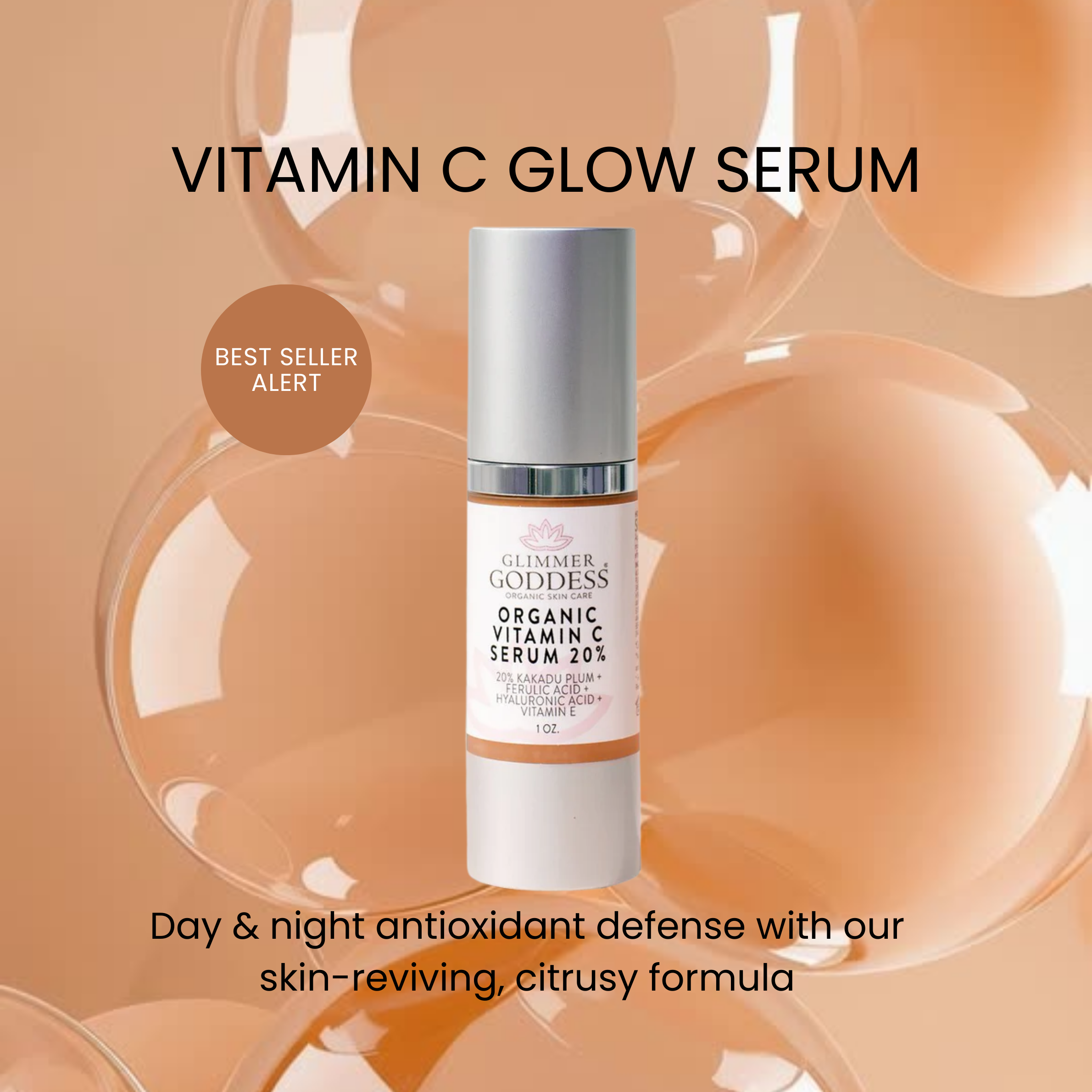 Vitamin C Serum 20% benefits: brightens, reduces dark spots, firms skin with ferulic acid - Glimmer Goddess® Organic Skin Care
