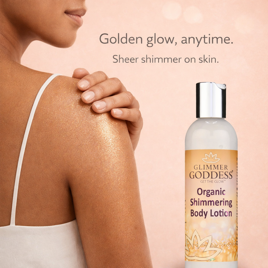 Glittering gold shimmer body lotion by Glimmer Goddess Organic Skin Care, showcasing a luminous glow and smooth skin.