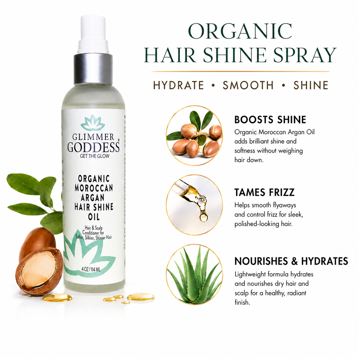 Glimmer Goddess Organic Moroccan Argan Hair Shine Oil spray bottle shown on a white background with marketing text and ingredient callouts for Moroccan argan oil, a dropper, and aloe vera.
