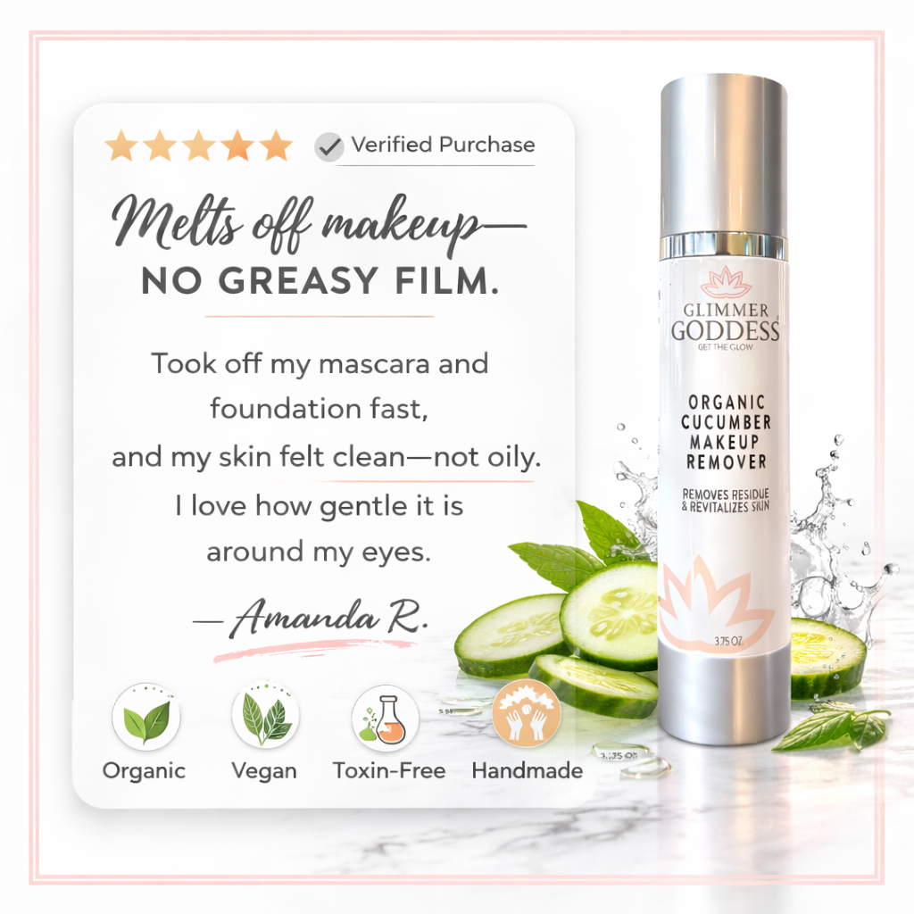 Customer testimonial graphic for Glimmer Goddess Organic Cucumber Makeup Remover on a white background with pink brand trim, featuring five-star verified review and the bottle, highlighting makeup removal with no oily residue and gentle eye-area cleansing.