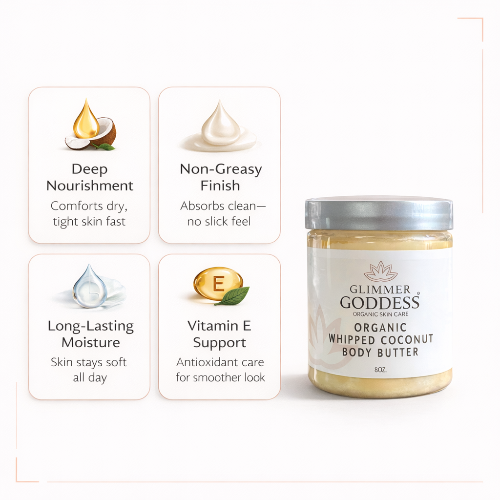 Key benefits infographic for Glimmer Goddess® Organic Whipped Coconut Body Butter (8 oz) on a white background with peach corner trim, showing four benefits: deep nourishment, non-greasy finish, long-lasting moisture, and vitamin E antioxidant skin support, alongside the product jar.